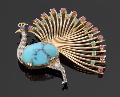 Lot 378 - A multi gemset peacock brooch, the body set...