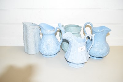 Lot 84 - GROUP OF FIVE VICTORIAN BLUE GLAZED JUGS