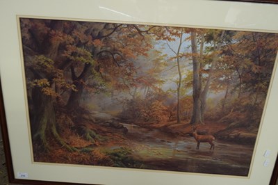 Lot 210 - LARGE COLOURED PRINT, DEER BY A WOODLAND...