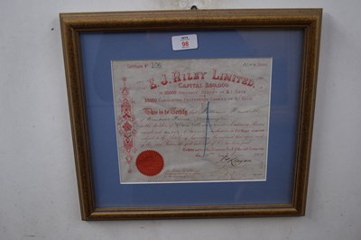 Lot 98 - E J Riley Ltd, Share certificate for 1000...