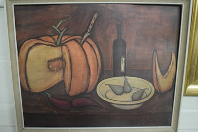 Lot 745 - Still life of fruit and wine bottle, oil on...
