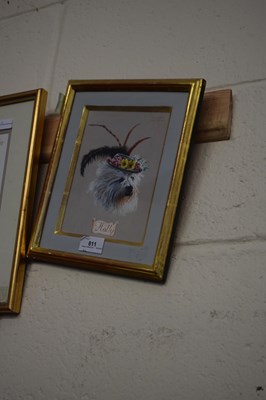 Lot 811 - STUDY OF A TERRIER IN AN ELABORATE HAT, GILT...