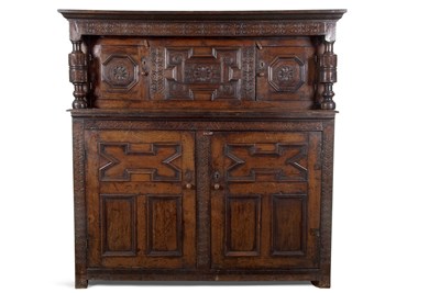 Lot 388 - A large 17th Century oak court cupboard with...