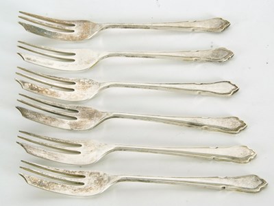 Lot 16 - Set of six Chippendale pattern pastry forks,...