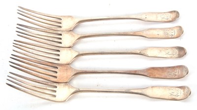 Lot 165 - Five George III fiddle pattern tablespoons,...