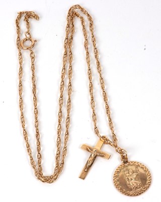 Lot 51 - Two 9ct pendants and 9k chain, with round St...