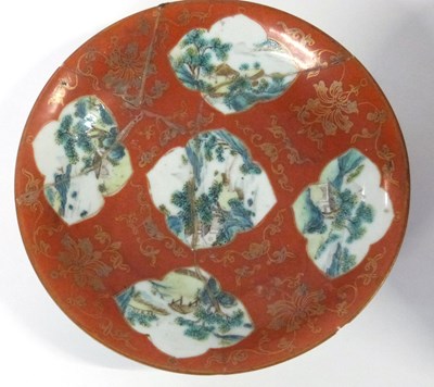 Lot 252 - A Chinese porcelain bowl, the coral ground...
