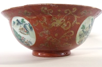 Lot 252 - A Chinese porcelain bowl, the coral ground...