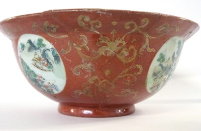 Lot 252 - A Chinese porcelain bowl, the coral ground...
