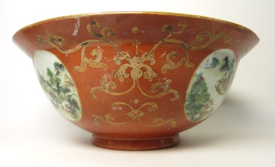 Lot 252 - A Chinese porcelain bowl, the coral ground...