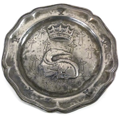 Lot 352 - A pewter heraldic dish with touch marks to the...