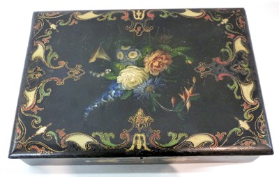 Lot 368 - Victorian lacquer writing box with painted...