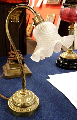 Lot 371 - A brass desk lamp with frosted glass shade