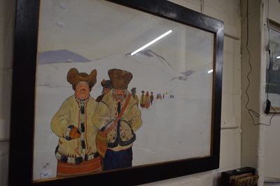 Lot 677 - Ural figures in a snowy landscape, framed and...