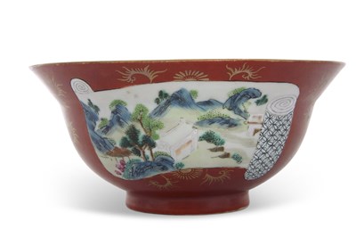 Lot 104 - A coral ground Chinese porcelain flared bowl...