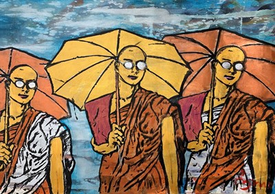 Lot 147 - 20th century modern, Golden Monks, mixed media...