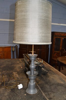 Lot 439 - Pewter two branch table lamp of circular form,...