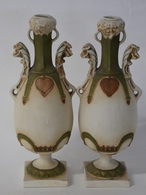 Lot 258 - Pair of Royal Dux vases of Art Nouveau style...