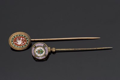 Lot 322 - Two 19th century micro mosaic stick pins, the...