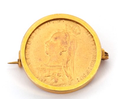 Lot 288 - An 1891 sovereign in a 9ct brooch mounting...