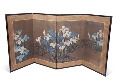 Lot 413 - A Japanese trifold screen the silk BYOBU...