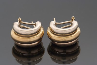 Lot 377 - A pair of 18ct tri-colour gold earrings, the...
