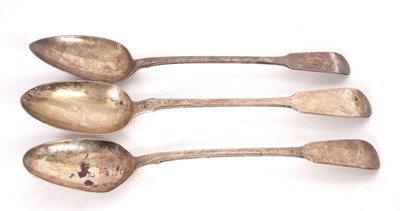 Lot 26 - Three Georgian fiddle pattern basting spoons,...