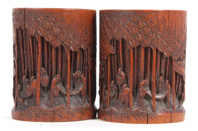 Lot 205 - A pair of bamboo brush pots, Chinese, carved...