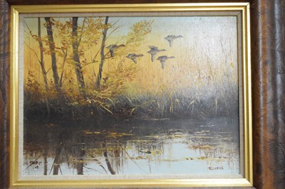 Lot 366 - T Lukkien (20th century), Mallard in flight...