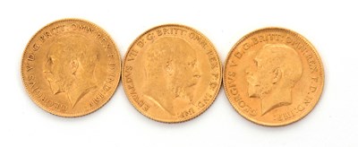 Lot 294 - Three half sovereigns: 1909, 1912 and 1914, 12....