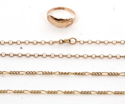 Lot 275 - Two 9ct gold chains and a ring: to include a...