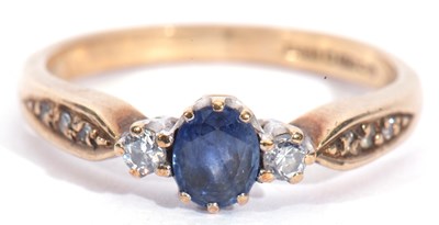 Lot 40 - 9ct gold sapphire and diamond three stone ring,...
