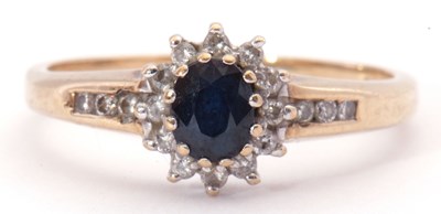 Lot 51 - 9ct gold sapphire and diamond cluster ring,...