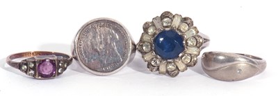 Lot 62 - Mixed Lot: four white metal rings, a coin...