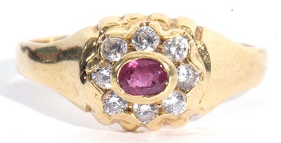 Lot 88 - 18ct gold white and red stone cluster ring,...