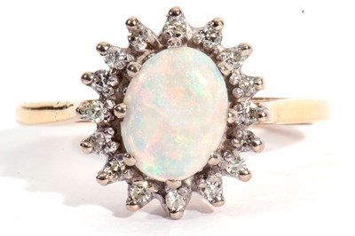 Lot 94 - 18ct gold opal and diamond cluster ring, the...