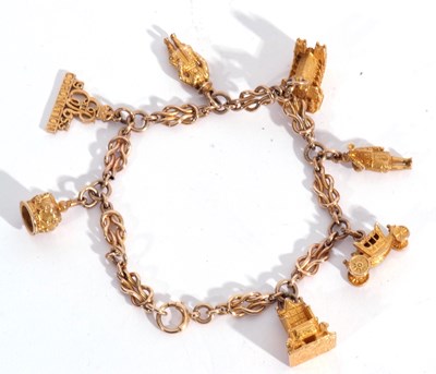 Lot 137 - 9ct gold fancy link bracelet suspending seven...