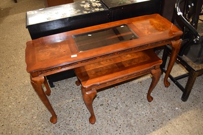 Lot 387 - Modern burr wood veneered and glass topped...