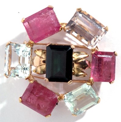 Lot 210 - Precious gem set brooch, the yellow metal...