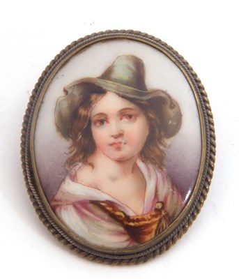 Lot 277 - Vintage hand painted porcelain brooch of oval...