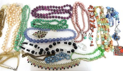 Lot 336 - Tin containing costume necklaces, two jade...