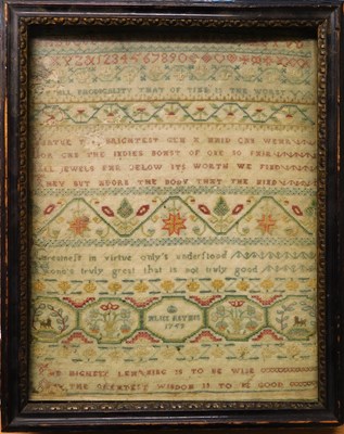 Lot 130 - A mid 18th century George II sampler, stiched...