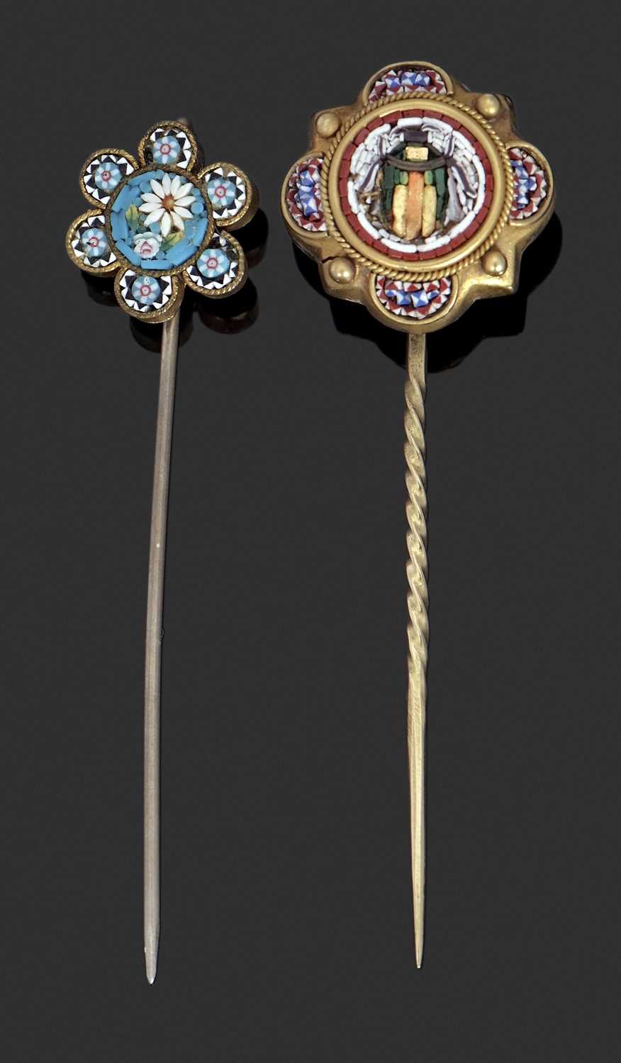 Lot 90 - Two micro mosaic stick pins: one with green...