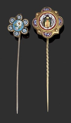 Lot 90 - Two micro mosaic stick pins: one with green...