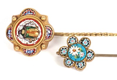 Lot 90 - Two micro mosaic stick pins: one with green...