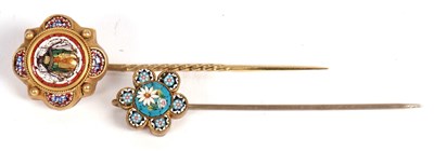 Lot 90 - Two micro mosaic stick pins: one with green...