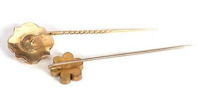Lot 90 - Two micro mosaic stick pins: one with green...