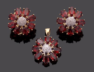 Lot 88 - A garnet and diamond pendant and matching...