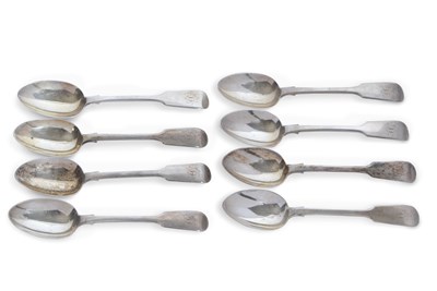 Lot 225 - Eight Victorian fiddle pattern dessert spoons,...