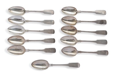 Lot 228 - Eleven Victorian fiddle pattern dessert spoons,...